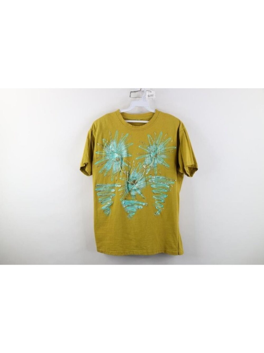 Vintage 90s Streetwear Womens XL Glitter Puff Paint Beaded Flower T-Shirt Green